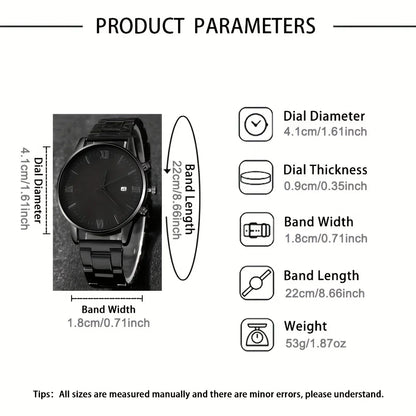 4-piece/set men's black minimalist quartz watch set with bracelet, necklace, and ring -