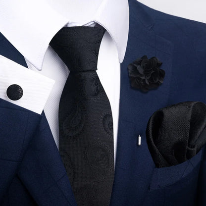 Luxury Mens Floral Black Gold Tie Set - Paisley Necktie Pocket Square Cufflinks  Brooch for Weddings and Parties