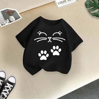 Summer New Cute Cat Animal Print Round Neck Short Sleeved Tee Shirt for Boys and Girls Fashionable and Simple Children's T-shirt