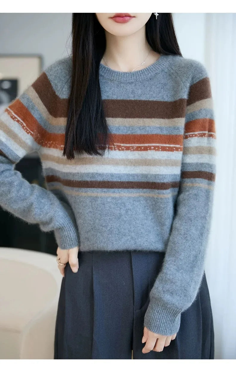 Autumn and winter 100% pure wool striped retro style round-neck wool knit women's long-sleeved versatile sweater top
