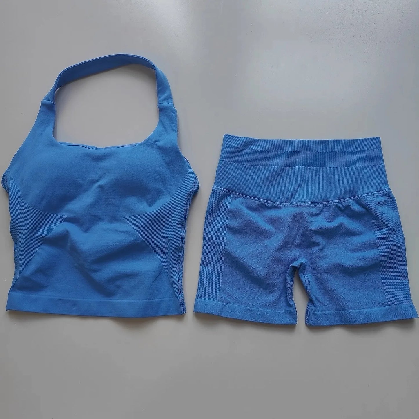 2PCs Peach High Waist Belly Hip Lifting Sports Bras Shorts Suit Gathering Shock-proof Neck Halter Yoga Suit Running Fitness Set