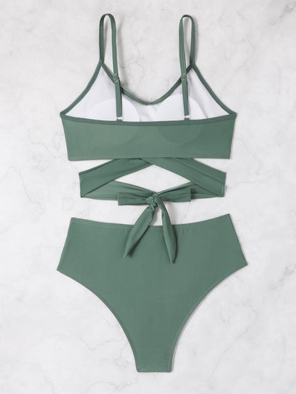 Solid Color Women's Swimwear V Neck Back Tie Bikini Set Adjustable Strap Swimsuit Female Summer Swimming Beach Wear