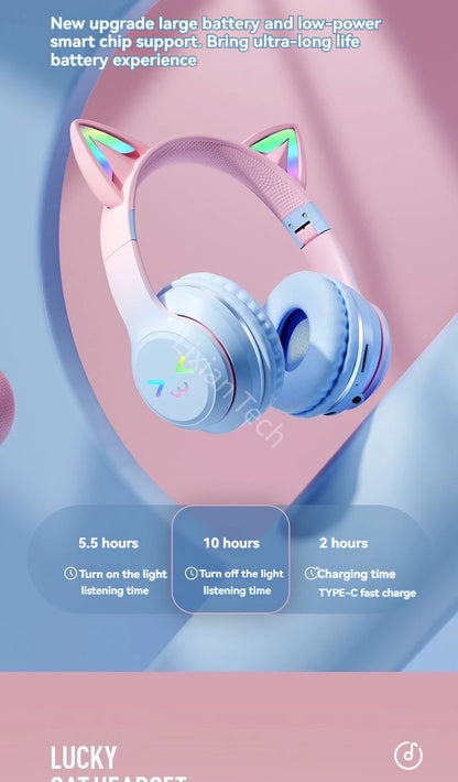 RGB Luminous Cat Ears Wireless Bluetooth Headphones With Microphone Headset Gamer Girl Call Noise Reduction Hifi Sale Handfree