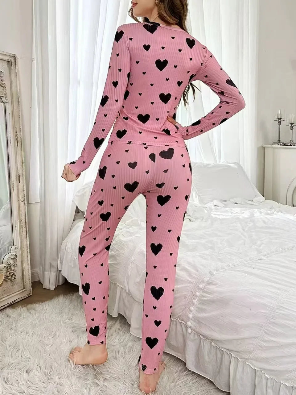 Women's Autumn Winter Pyjama Set, Heart Print Long Sleeve T-shirt and Long Pants Set Loungewear Female Sleepwear
