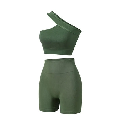 2Pcs Reusable Seamless Women Workout Sets High Waist One Shoulder Active Wear Ribbed Tank Tops Yoga Outfits Fitness