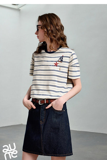 Women's Nautical Stripe T-Shirt – Embroidered Sailboat Summer Top