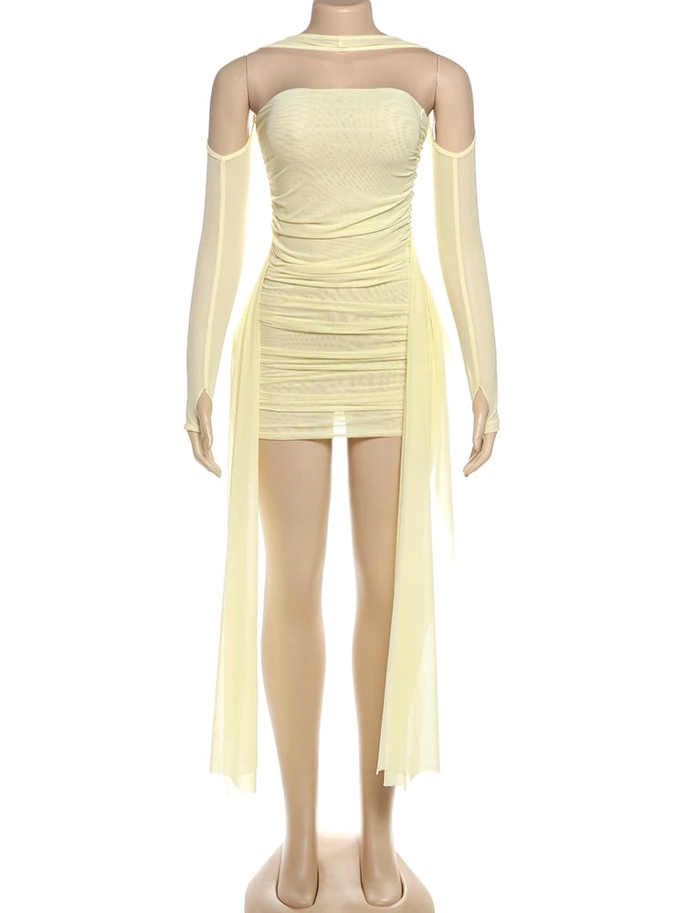 kliou Mesh Simple Women Mini Dress Fashion Solid Strapless Ribbons Tassel Body-shaping Vestidos+Seperately Full Sleeve Gloves