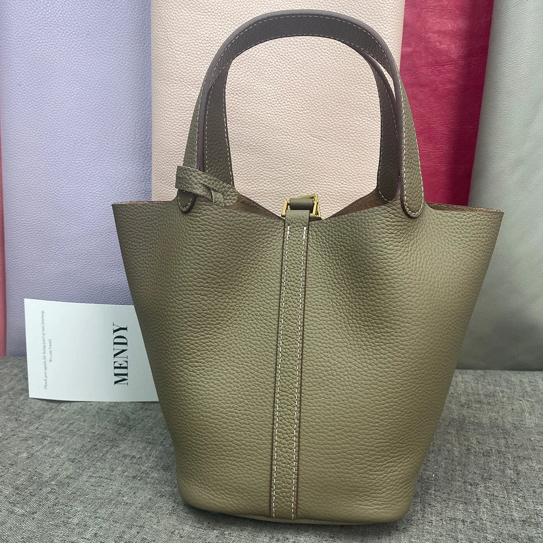 Women Leather Bucket Bag - Genuine Leather Handbag | Large Tote Bag With Silver Hardware