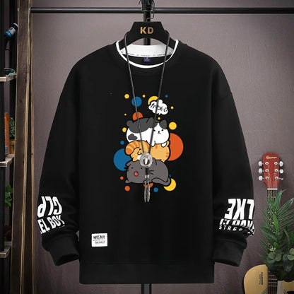 Spring Men's Sweatshirt Japan Cartoon Cats Printed Long Sleeve T-shirt Fashion Men's Clothing Khaki O Neck Harajuku Top 2024 New