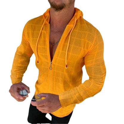 2026 Summer New Men's Cotton Linen Hooded Shirt Lightweight Casual Zipper Slim Fit Vacation Tops Sun Protection Clothing