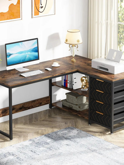 L Shaped Computer Desk - Reversible Corner Office Desk with Drawers & Shelves