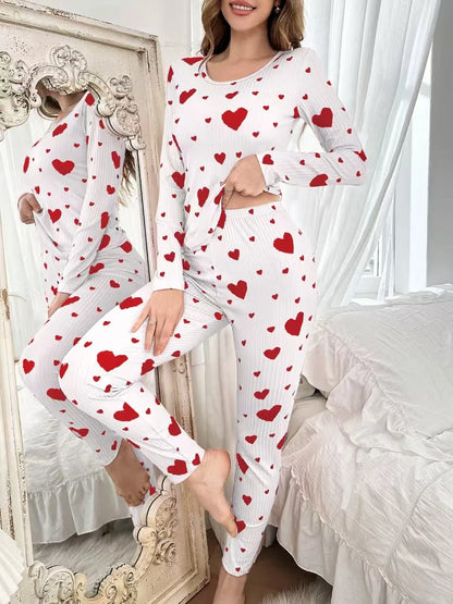 Women's Autumn Winter Pyjama Set, Heart Print Long Sleeve T-shirt and Long Pants Set Loungewear Female Sleepwear