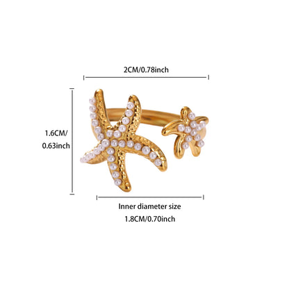 Ocean Starfish Shell Open Rings For Women Gold Color Stainless Steel Ring Summer Beach Aesthetic Waterproof Jewelry Gift