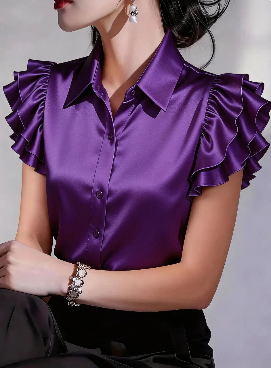 Elegant Satin Button Down Shirt for Women Ruffle Sleeve Collared Office Work Blouse
