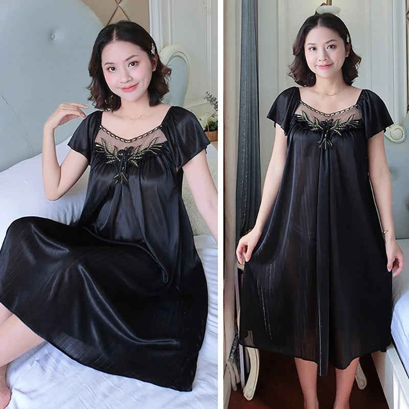 Ladies Ice Silk Nightgowns Sleeping Dress Medium Length Short Sleeve Nightdress Sexy Sleepwear Home Wear Loungewear Pyjama Femme