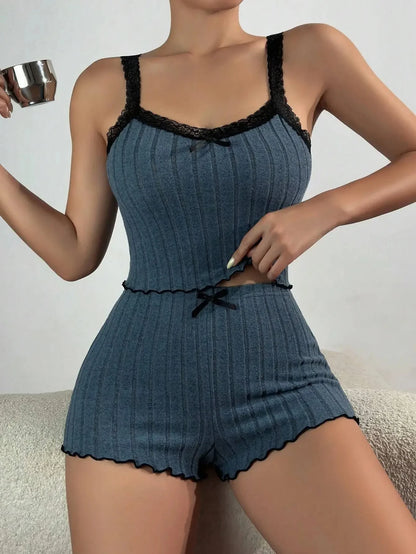 Summer New Womens Ribbed Knit Pajama Set Lace Trim Bow Cami Crop Top Lettuce Hem Shorts Loungewear Sleepwear Cute Soft 2 Piece