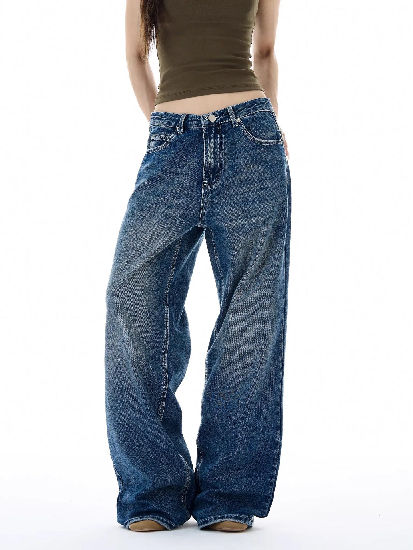 Women's Loose Straight Leg High Street American Style Jeans Wide Leg Trousers with Patch Design Couple Trendy Brand