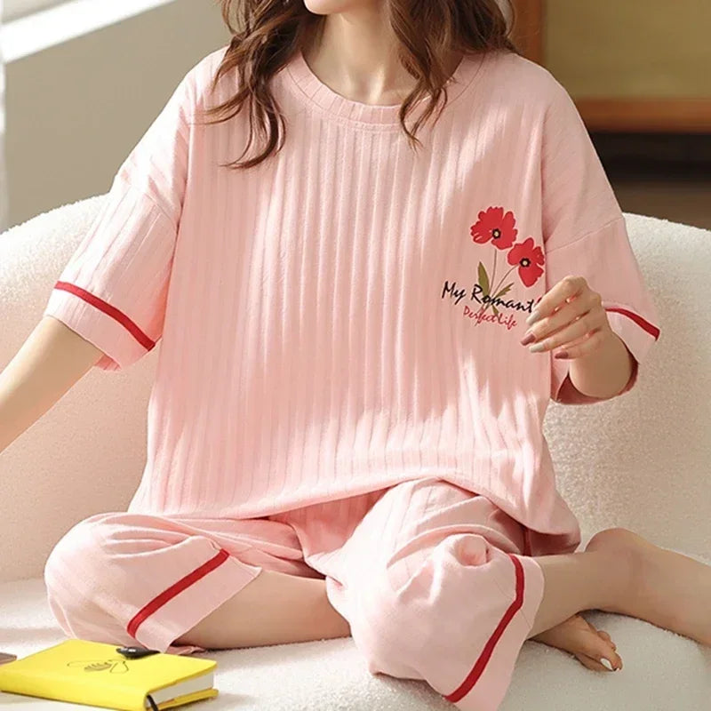 Summer Capris Pajamas for Women Plus Size 5XL Woman Causal Pajama Sets Cartoon Lapel Pijamas Cute Girl Soft Cotton Sleepwear