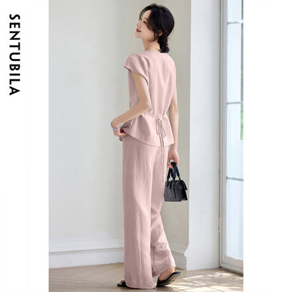 SENTUBILA Women's Linen Trouser Suit Summer Two Pieces Matching Set Women Button Shirt Straight Pant Sets 2026 Outfits 152ZA0094