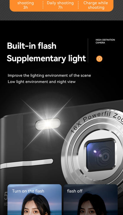 Portable Digital Camera - 44MP Compact Camera with 16x Zoom & 2.4 Inch LCD Screen