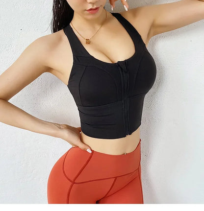 Front Zipper Sports Bra - Women's Athletic Crop Top, Push Up Wireless Fitness Tank