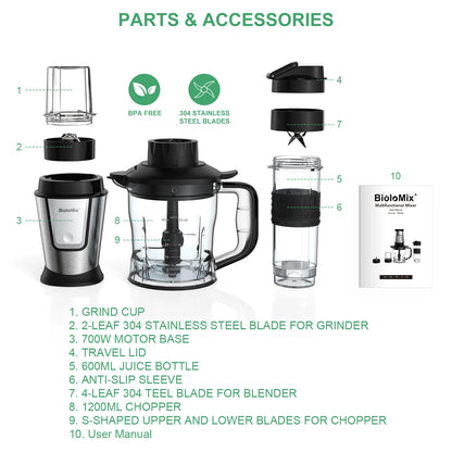 3-in-1 Food Processor - 700W Portable Juicer Blender  Chopper