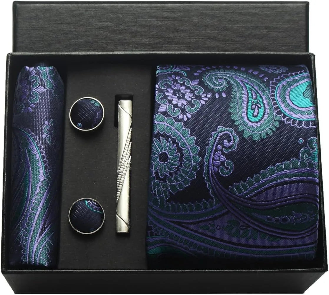 Silk Necktie Set - Paisley Floral Tie with Pocket Square Tie Clip  Cufflinks for Men in Gift Box