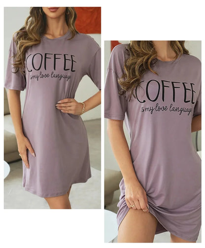Womens Cartoon Print Milk Silk Nightgown - Casual Short Sleeve Summer Sleepdress - ZOOMNSTORE