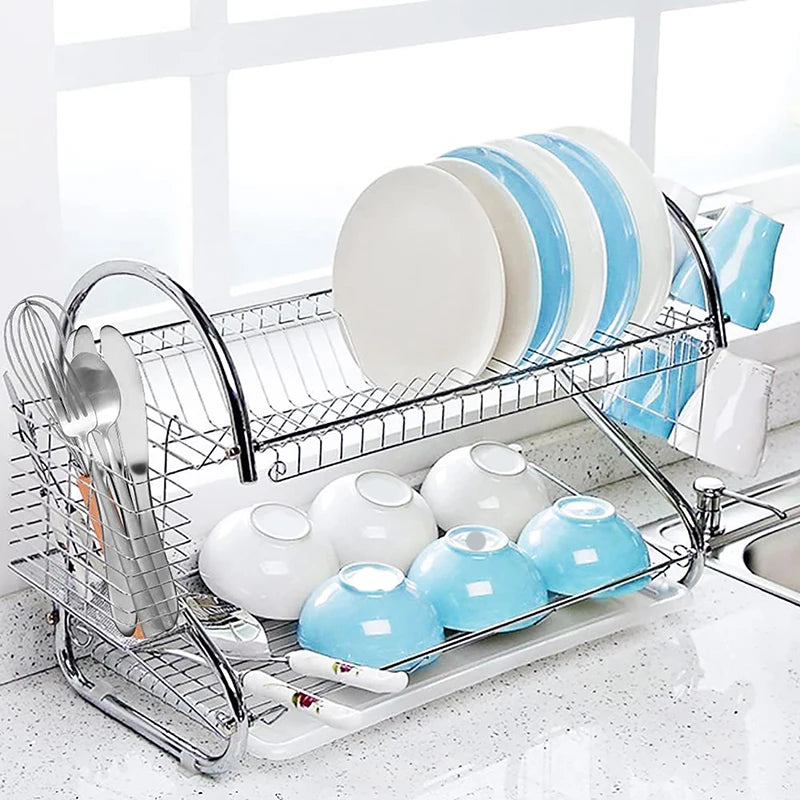 Stainless Steel Dish Rack - 2-Tier Metal Plate Holder | Rust Resistant & Space Saving