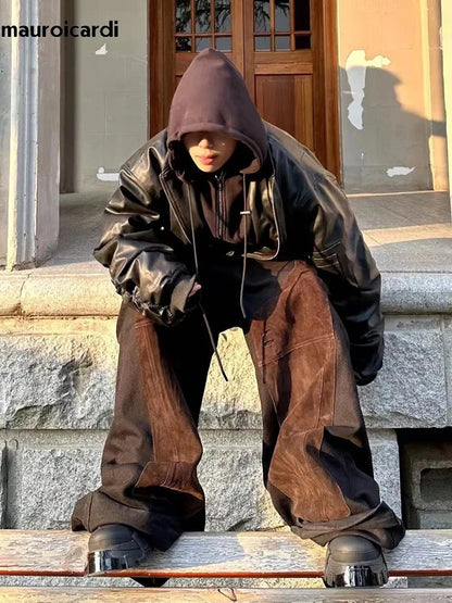 Mauroicardi Autumn Winter Oversized Cool Black Thickened Warm Pu Leather Jacket Men Hood Luxury Designer Fake 2 Clothes