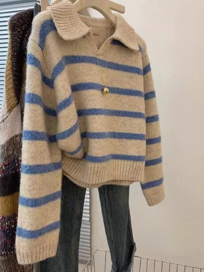 Blue Striped Soft Thickened  Neck Sweater Women's Autumn Winter Loose Fit Overhead Knitted Shirt Small Size Turn-down Collar
