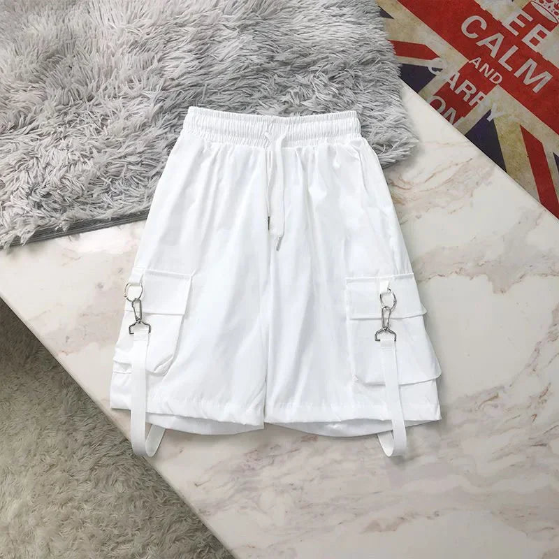Summer Cargo Shorts Women Y2K Harajuku Streetwear Hip Hop with Chain Shorts Bf High Waist Baggy Wide Leg Short Pants New