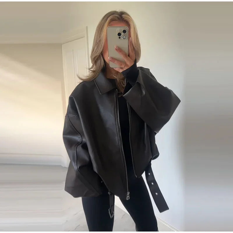 Vintage Leather Bomber Jacket – Women's PU Leather Zip Jacket With Belt & Patchwork Design