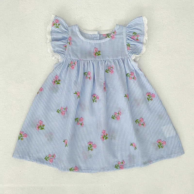 2026 New Summer 2-6Yrs Princess Round Neck Dress Striped Baby Girl Dress Flying Sleeve Cotton Embroidery Blue Sweet Dress