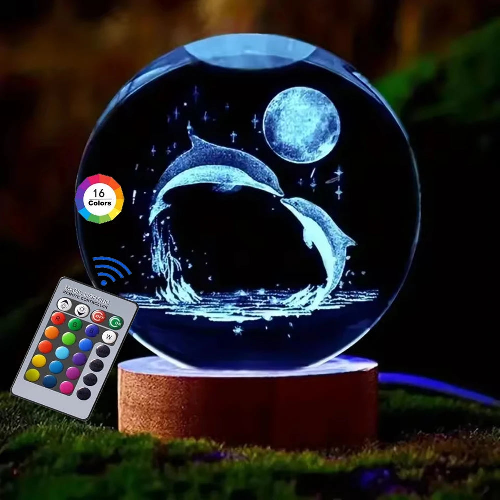 3D Crystal Ball Night Light – USB Powered Lamp With Remote Control & Wooden Base