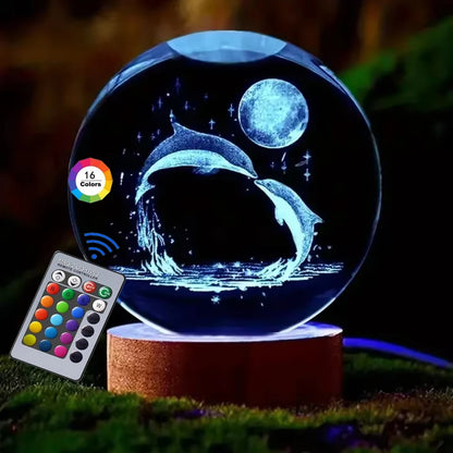 3D Crystal Ball Night Light – USB Powered Lamp With Remote Control & Wooden Base