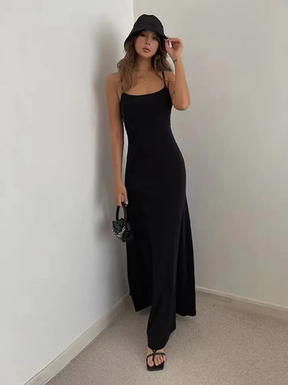 Summer Backless Dress - Slim Waisted Spaghetti Strap Mid-Calf Length Casual Outfit