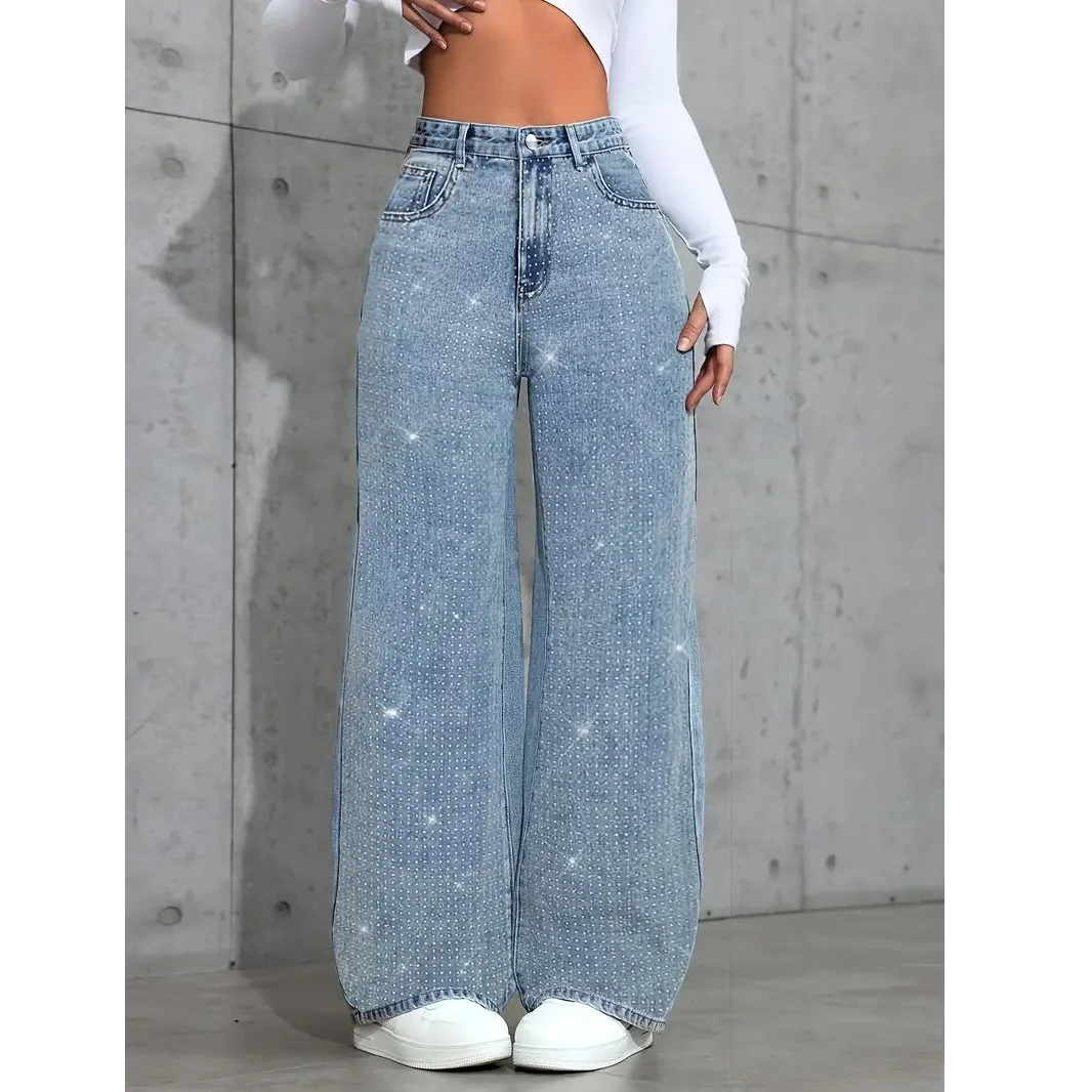 Womens Plus Size Loose Jeans Casual Straight Denim Pants Elastic Stretch Comfort Fit Decorated with Beaded Embroidery Jeans