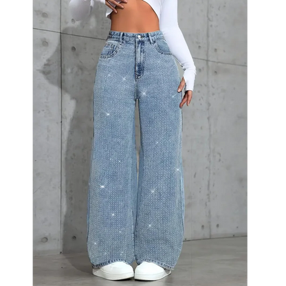 Womens Plus Size Loose Jeans Casual Straight Denim Pants Elastic Stretch Comfort Fit Decorated with Beaded Embroidery Jeans