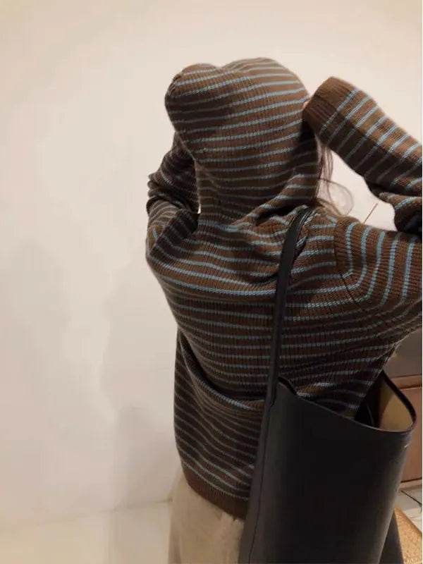 Autumn Winter Women's Vintage Knitted Hat Coat Soft Cozy Loose Fit Striped Hoodie Sweater Outerwear Trendy Commute Style Long...