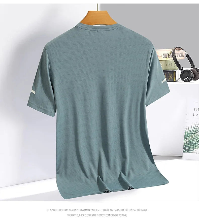 Running T-shirt Men Summer Ice Silk Thin Top Reflective Printing Quick Dry Short Sleeve Breathable Fitness Sports T-shirt 5XL