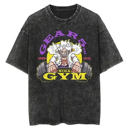 One Piece T-shirts Graphic Men Casual Oversized Washed Harajuku T-shirt Washed Japanese Anime Loose Streetwear Black Tops Tees