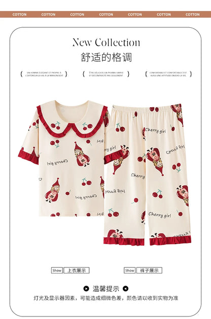 Summer Capris Pajamas for Women Plus Size 5XL Woman Causal Pajama Sets Cartoon Lapel Pijamas Cute Girl Soft Cotton Sleepwear