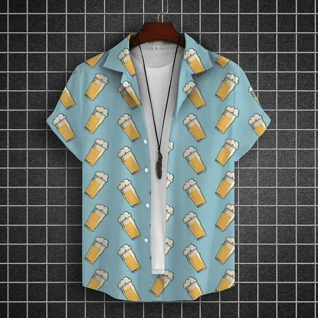 Hawaiian Shirt For Men 3d Beer Printed Short Sleeve Shirts Party Tees Summer Casual Tops Loose Oversized Clothing