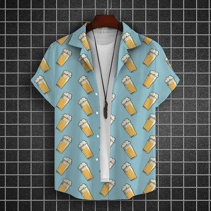 Hawaiian Shirt For Men 3d Beer Printed Short Sleeve Shirts Party Tees Summer Casual Tops Loose Oversized Clothing