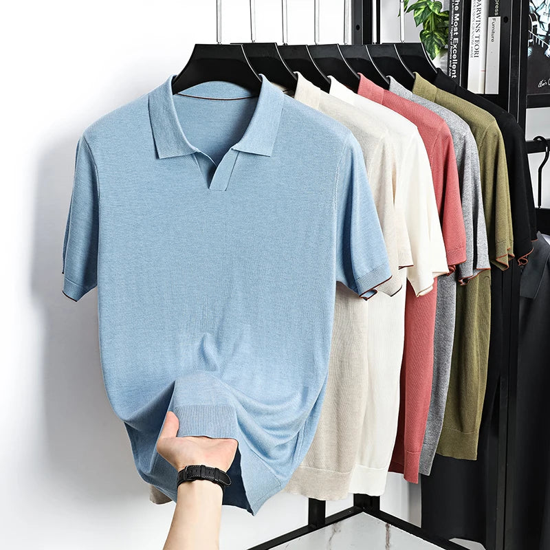 100%  Lyocell Knitwear 2025 Men Spring Summer Trendy Turn Down Collar Knit Tees Short Sleeve Breathable Knit Tops
