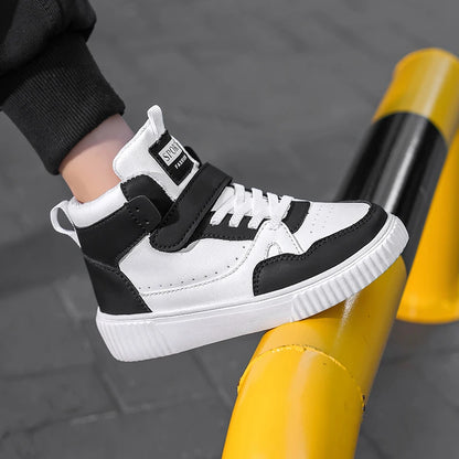Boys High Top Sneakers - Autumn Leather Sports Shoes with Hook & Loop Closure