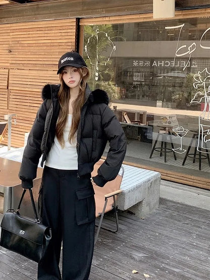 Hooded Puffer Jacket Women Winter Thick Warm Short Coat With Fur Collar Cinched Waist Plush Casual Sweet Streetwear Outerwear