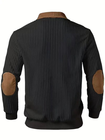 New Arrival Men Color Block Corduroy Collar Ribbed Long Sleeve Half Zip Polo Sweater Elbow Patches Casual Pullover Sweatshirts