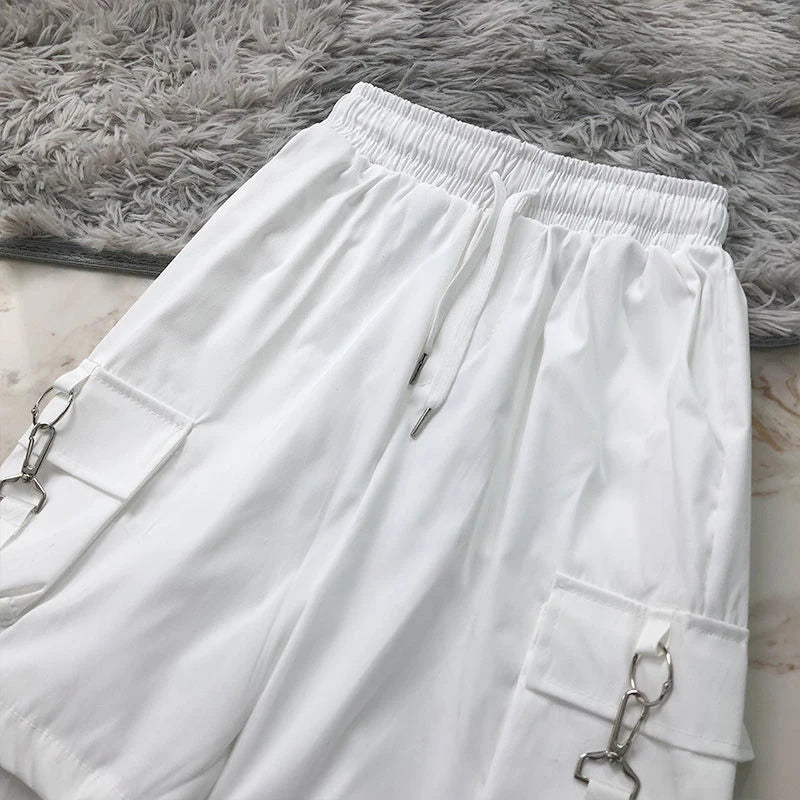 Summer Cargo Shorts Women Y2K Harajuku Streetwear Hip Hop with Chain Shorts Bf High Waist Baggy Wide Leg Short Pants New